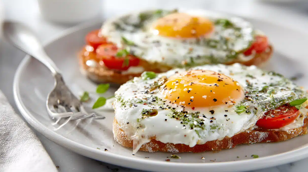 Ranch-style eggs cooked in tomato sauce with peppers, onions, and spices in a skillet