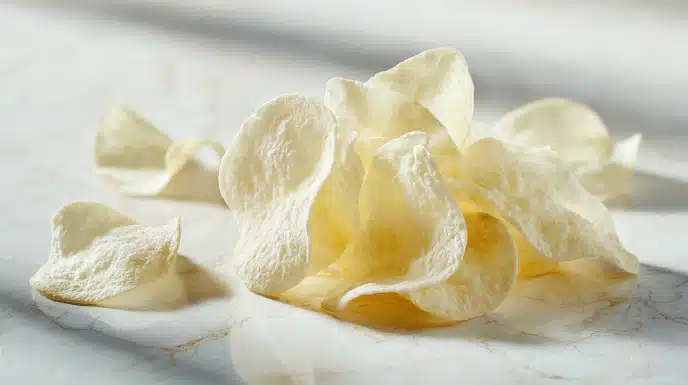 Crispy rice paper chips puffed and golden, served in a bowl