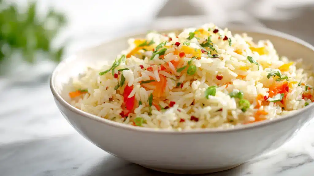 Rice pilaf cooked with long-grain rice, herbs, and aromatics served in a bowl