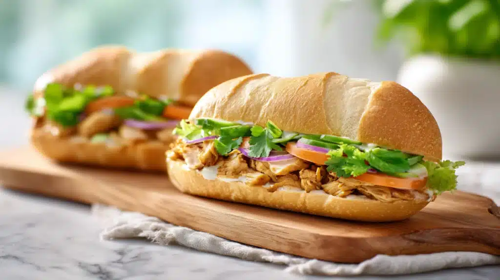 Salvadoran chicken sandwiches filled with seasoned chicken, vegetables, and sauce in soft bread
