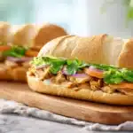 Salvadoran chicken sandwiches filled with seasoned chicken, vegetables, and sauce in soft bread