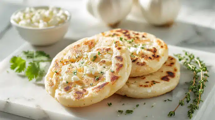 Salvadoran pupusas stuffed with cheese and beans, served with curtido and salsa