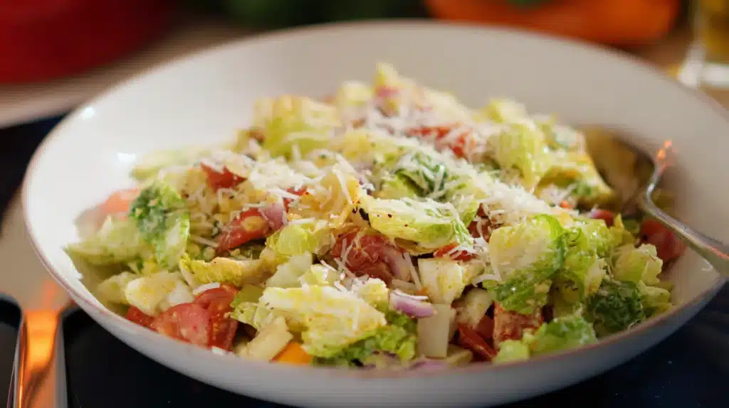 Scala chopped salad with finely chopped lettuce, salami, chickpeas, cheese, and vegetables tossed in Italian dressing.