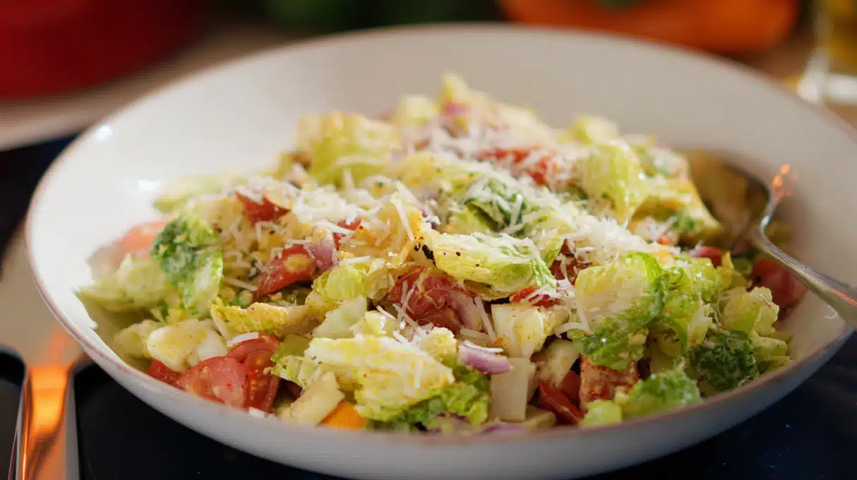Scala chopped salad with finely chopped lettuce, salami, chickpeas, cheese, and vegetables tossed in Italian dressing.