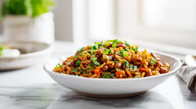 Southwestern rice and beans with seasoned rice, black beans, corn, and peppers in a bowl