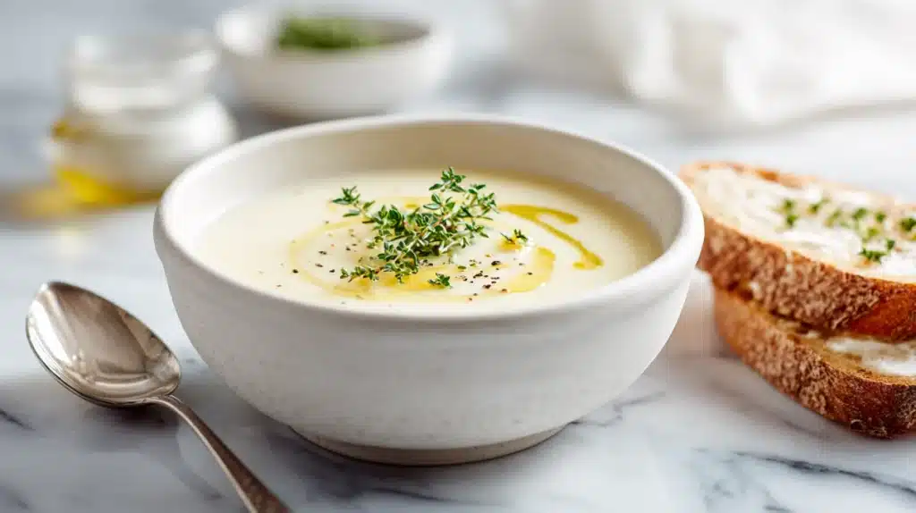Spiced parsnip soup blended smooth and creamy, served warm with a sprinkle of spices and fresh herbs in a bowl.