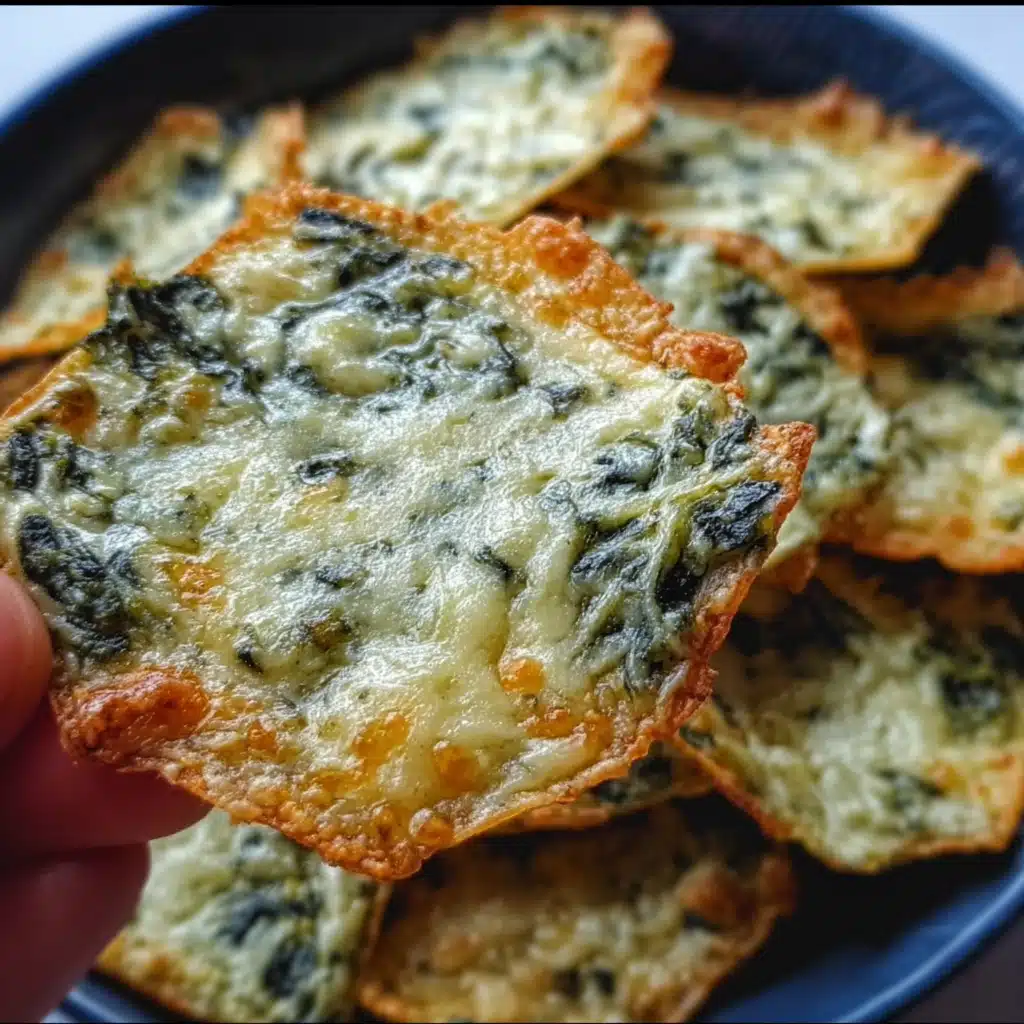 Spinach Dip Cheese Crisps: A Fun Finger Food 4 Spinach dip cheese crisps baked until golden with spinach and melted cheese on a plate