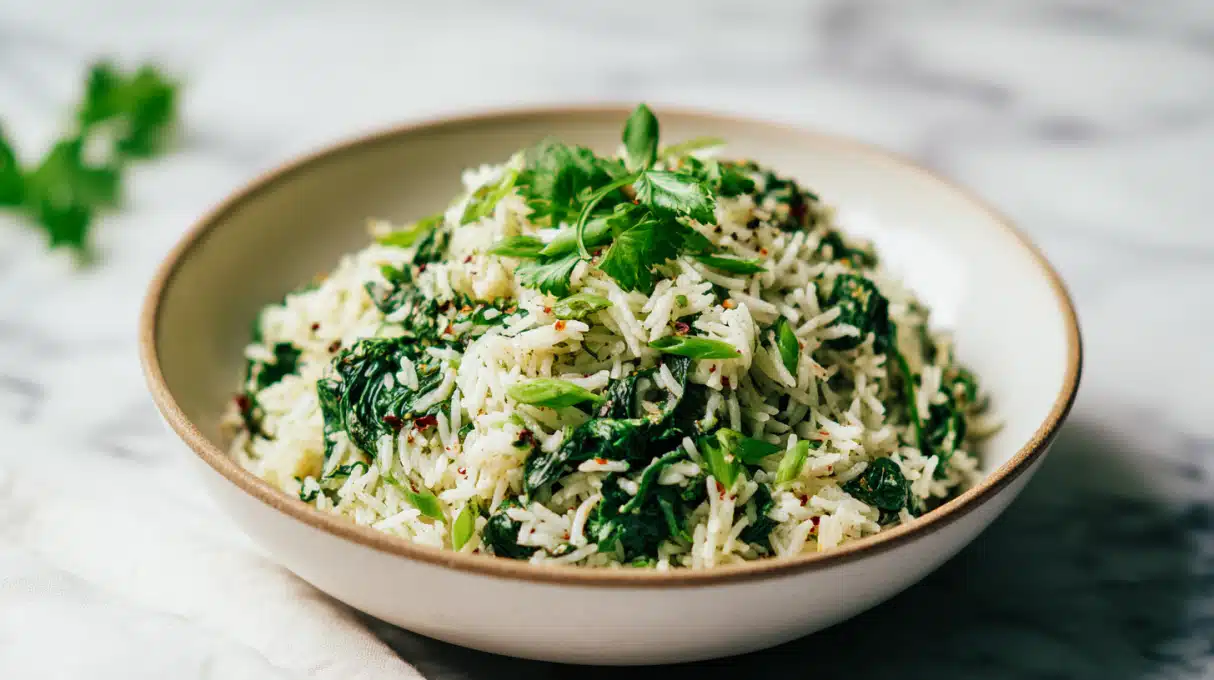 Spinach rice cooked with fresh spinach, herbs, and fluffy rice in a bowl