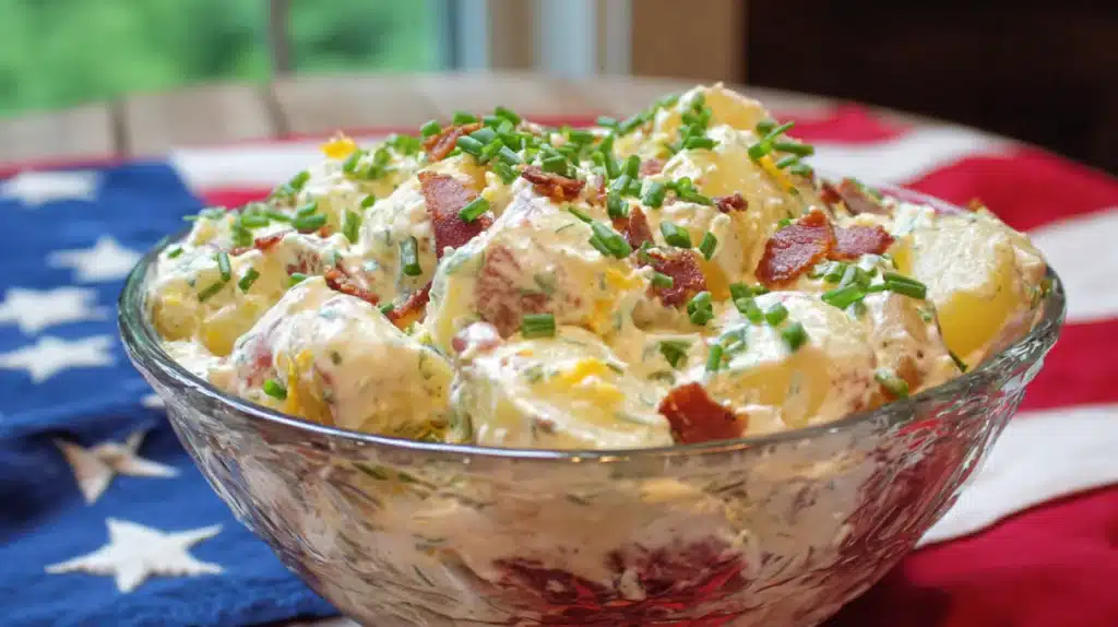 Steakhouse potato salad with tender potatoes, crispy bacon, cheese, green onions, and creamy dressing served in a bowl.