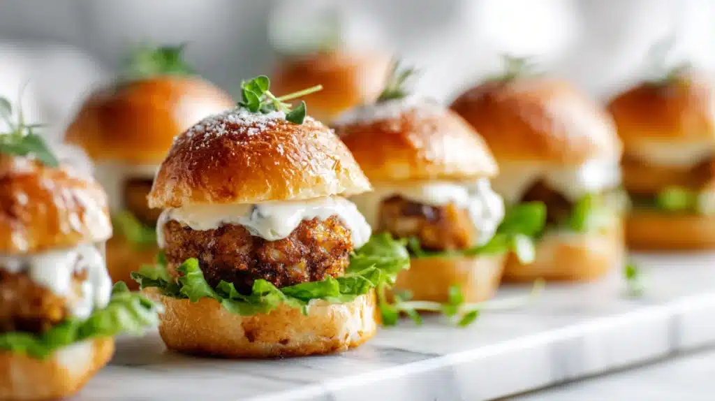 Tater tot mini cheeseburger bites with ground beef, melted cheese, and crispy tots on a tray