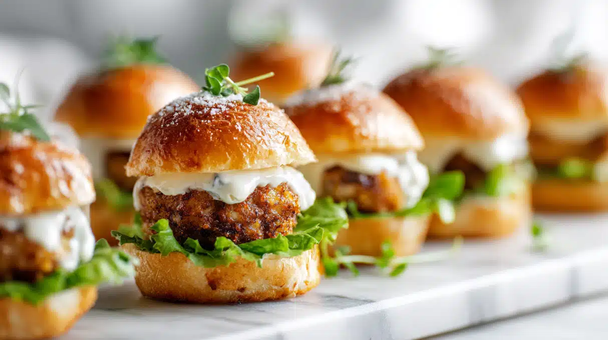 Tater tot mini cheeseburger bites with ground beef, melted cheese, and crispy tots on a tray