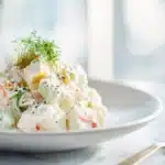 Creamy Crab Salad 7 Creamy crab salad with tender crab meat, celery, herbs, and light dressing served chilled in a bowl.