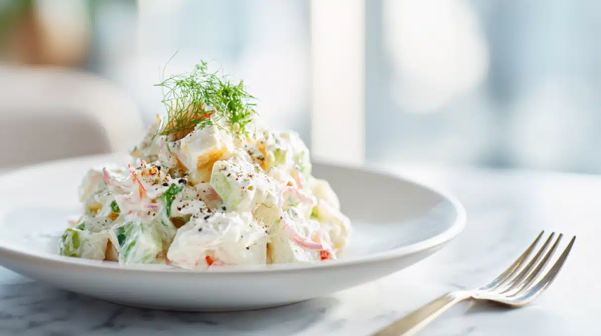 Creamy Crab Salad 4 Creamy crab salad with tender crab meat, celery, herbs, and light dressing served chilled in a bowl.