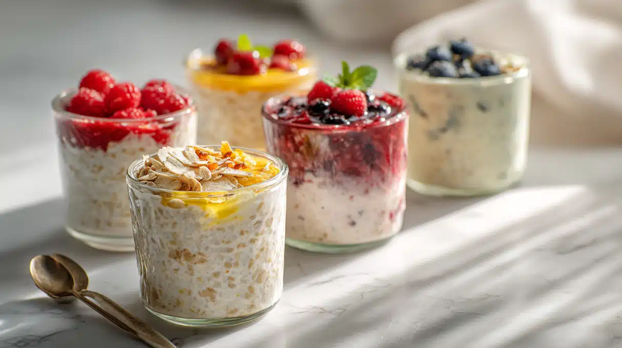 Assortment of overnight oats recipes in jars with fruits, nuts, and seeds