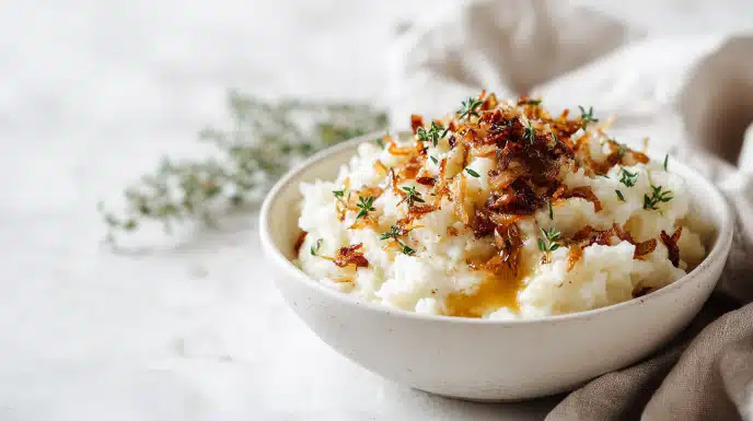 Creamy parsnip mash topped with brown butter crispy shallots, served warm in a bowl with golden garnish.