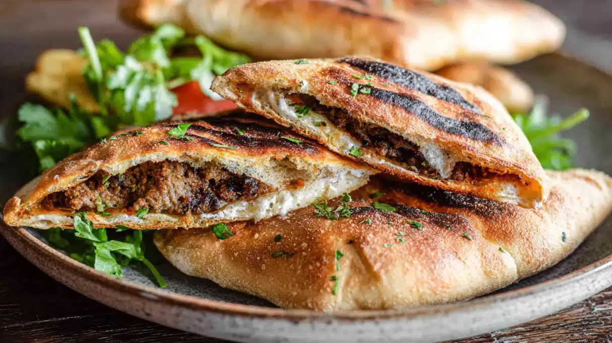 Delicious Arayes (Middle Eastern Stuffed Pita) 4 Golden crispy arayes stuffed pita filled with seasoned ground meat and herbs, grilled until perfectly toasted