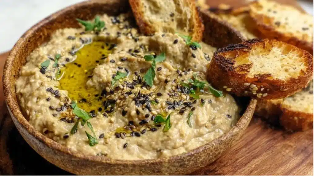 Baba ganoush creamy roasted eggplant dip garnished with olive oil and herbs