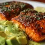 Baked Cajun salmon fillet topped with creamy avocado lime sauce, flavorful spicy salmon served with fresh herbs on a plate.