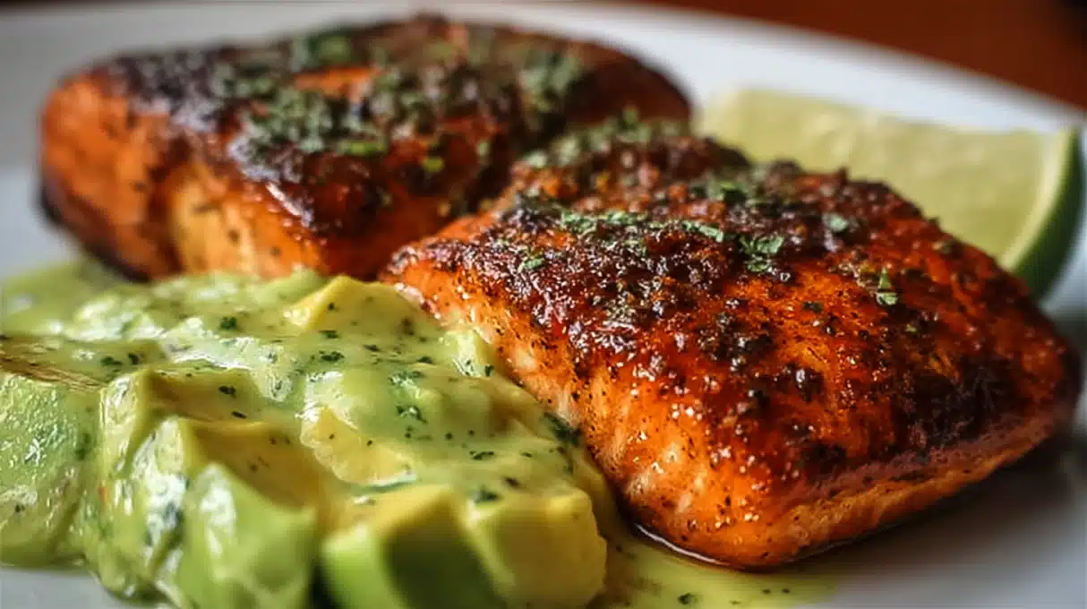 Easy Baked Cajun Salmon With Avocado Lime Sauce 4 Baked Cajun salmon fillet topped with creamy avocado lime sauce, flavorful spicy salmon served with fresh herbs on a plate.