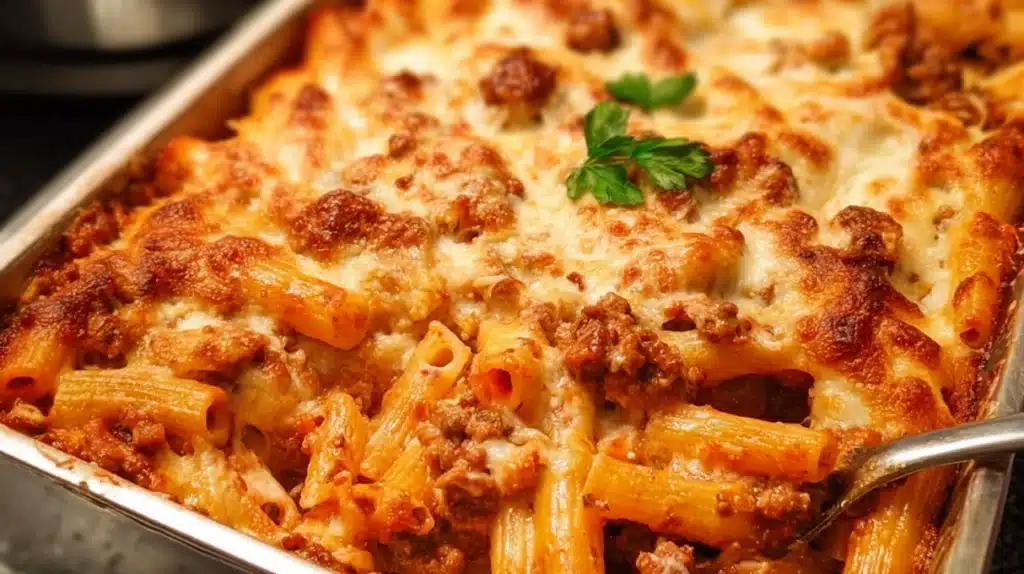 Baked ziti pasta casserole with marinara sauce, melted mozzarella, and creamy ricotta cheese