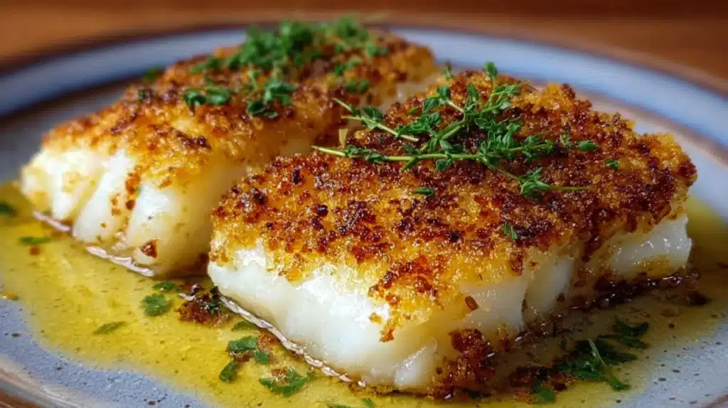 Boston Baked Cod topped with a golden, seasoned breadcrumb crust and served with lemon.