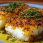 Boston Baked Cod topped with a golden, seasoned breadcrumb crust and served with lemon.