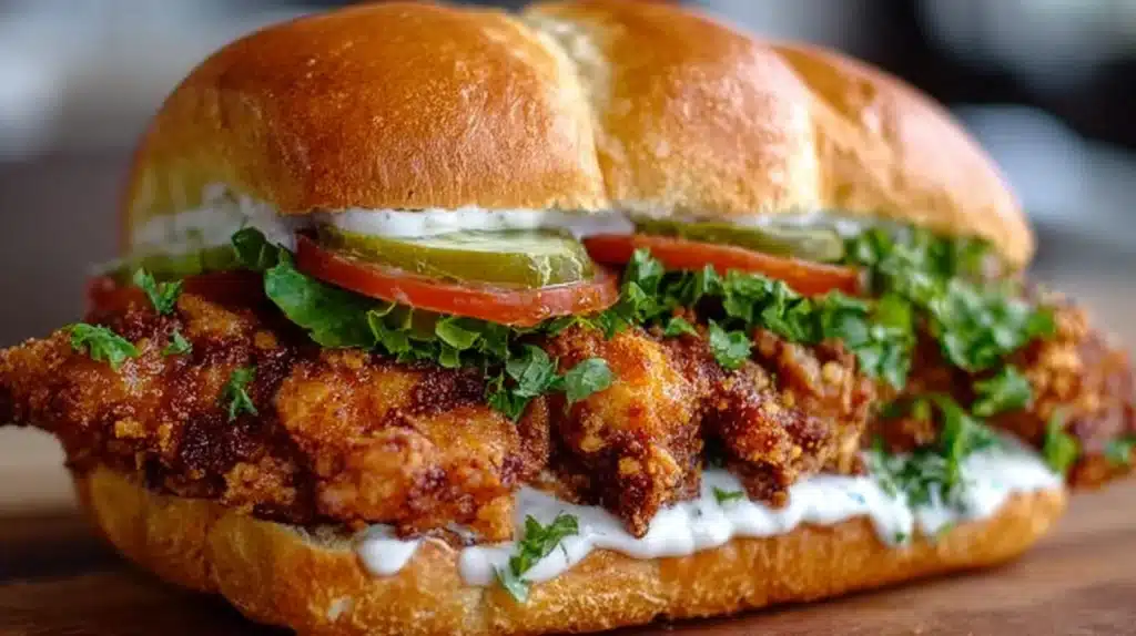 Cajun chicken sandwich with lettuce, tomato, and creamy sauce in a toasted bun.