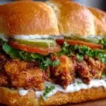 Cajun chicken sandwich with lettuce, tomato, and creamy sauce in a toasted bun.