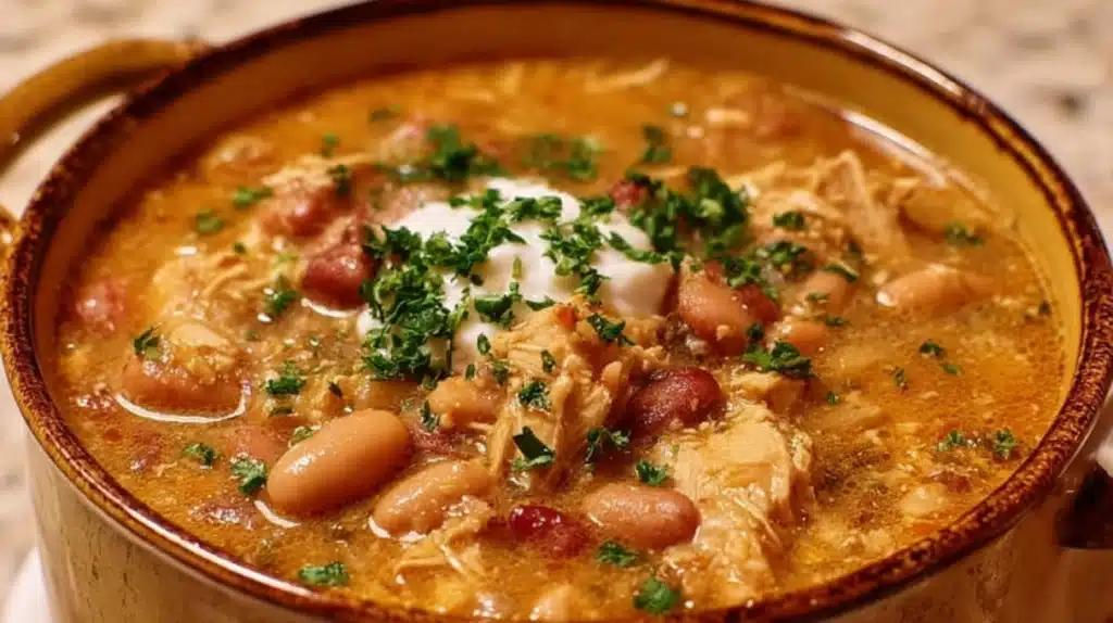 Cajun White Chicken Chili with shredded chicken, white beans, and Cajun spices in a creamy broth.
