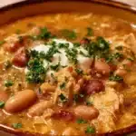 Hearty Cajun White Chicken Chili 6 Cajun White Chicken Chili with shredded chicken, white beans, and Cajun spices in a creamy broth.