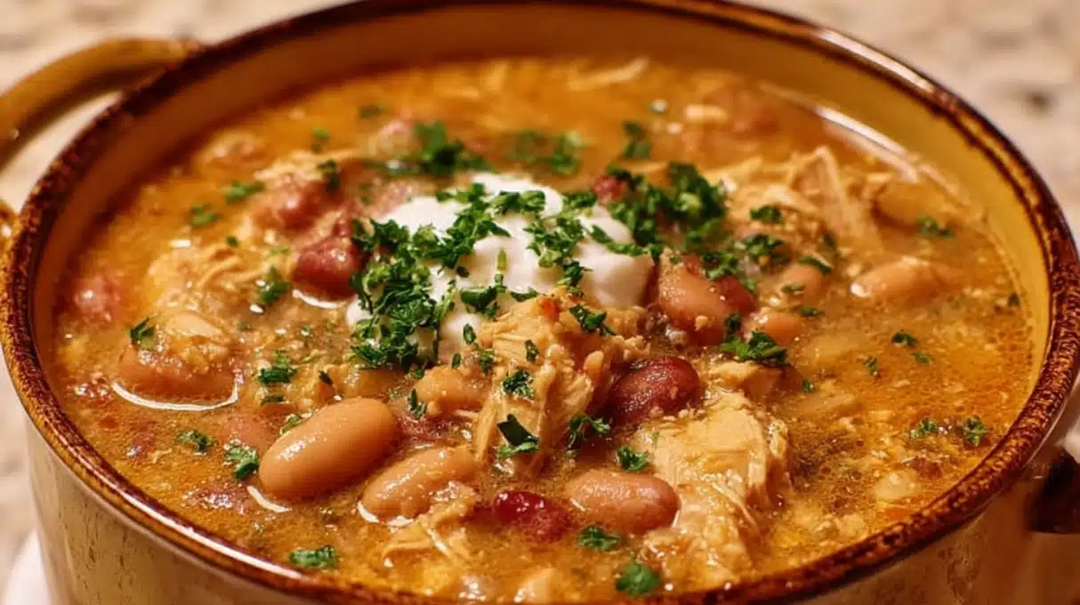 Hearty Cajun White Chicken Chili 4 Cajun White Chicken Chili with shredded chicken, white beans, and Cajun spices in a creamy broth.
