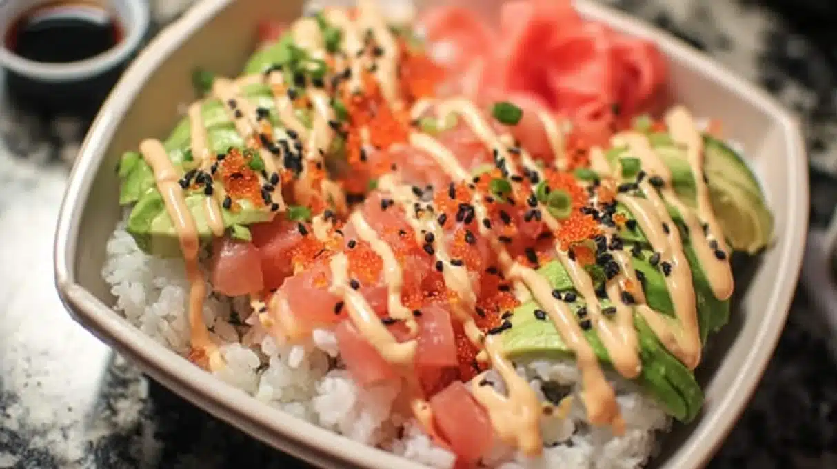 California Roll Sushi Bowls 4 California roll sushi bowl with crab, avocado, cucumber, rice, sesame seeds, and drizzled spicy mayo in a bowl.