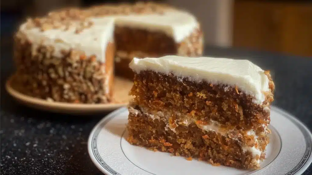 Slice of moist carrot cake with cream cheese frosting and chopped walnuts on a plate.