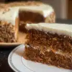 Carrot Cake 6 Slice of moist carrot cake with cream cheese frosting and chopped walnuts on a plate.