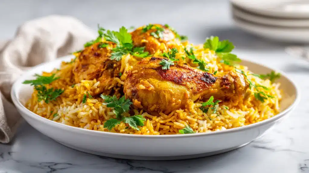 Chicken kabsa served with spiced rice, tender chicken, and toasted nuts