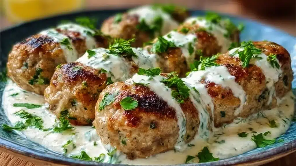Chicken kofta with creamy garlic yogurt sauce served with herbs and warm flatbread