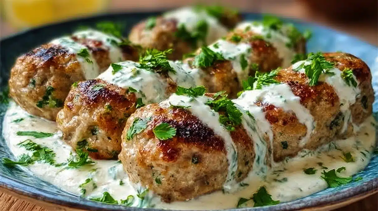 Chicken Kofta with Creamy Garlic Yogurt Sauce 4 Chicken kofta with creamy garlic yogurt sauce served with herbs and warm flatbread
