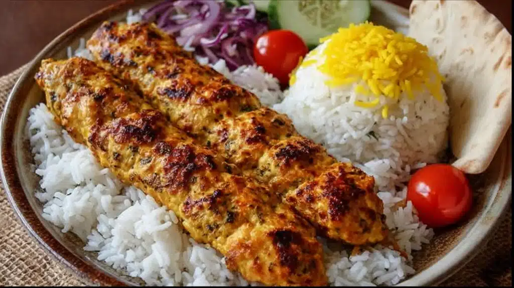 Chicken koobideh skewers grilled and served with rice, herbs, and lemon