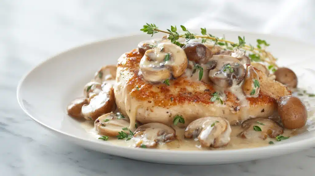 Chicken Marsala with mushrooms in a rich Marsala wine sauce served over tender chicken cutlets