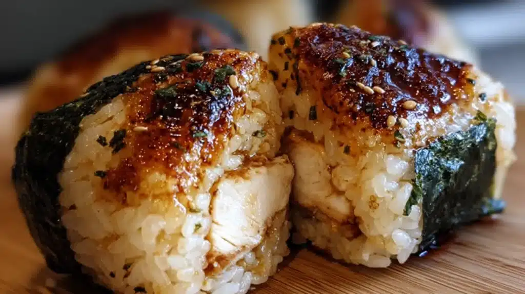 Triangular chicken onigiri rice balls with golden crispy exterior, filled with tender shredded chicken, sesame seeds, and nori seaweed strips on a wooden board.