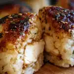 Triangular chicken onigiri rice balls with golden crispy exterior, filled with tender shredded chicken, sesame seeds, and nori seaweed strips on a wooden board.