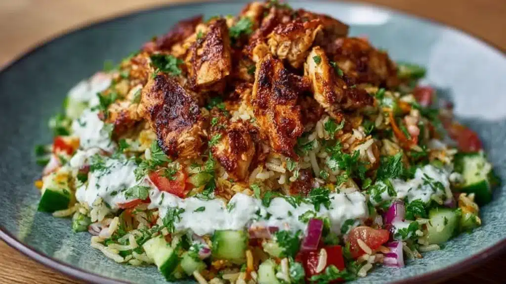 Chicken shawarma rice salad with spiced chicken, fluffy rice, fresh vegetables, and herbs in a bowl