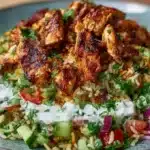 Chicken shawarma rice salad with spiced chicken, fluffy rice, fresh vegetables, and herbs in a bowl