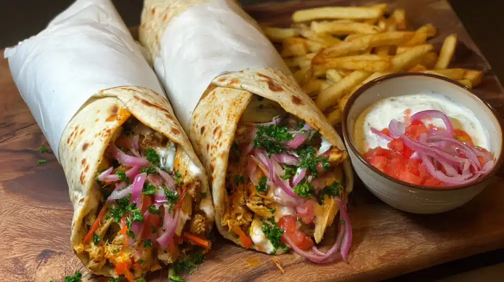 Chicken shawarma wrap filled with seasoned grilled chicken, fresh vegetables, and creamy garlic sauce in a soft flatbread.