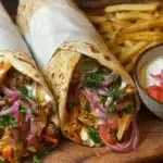 Chicken shawarma wrap filled with seasoned grilled chicken, fresh vegetables, and creamy garlic sauce in a soft flatbread.