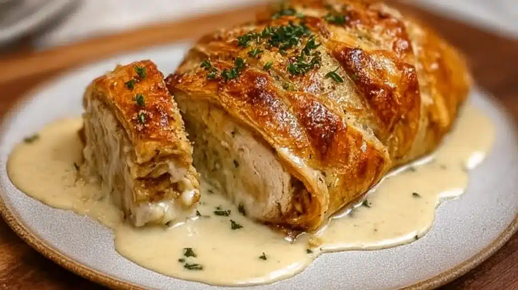 Chicken Wellington with Dijon Cream Sauce served in a golden puff pastry with creamy mustard sauce.