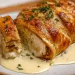 Chicken Wellington with Dijon Cream Sauce served in a golden puff pastry with creamy mustard sauce.