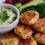 Homemade chicken and broccoli nuggets baked until golden and crispy, healthy protein-packed nuggets served with dipping sauce.