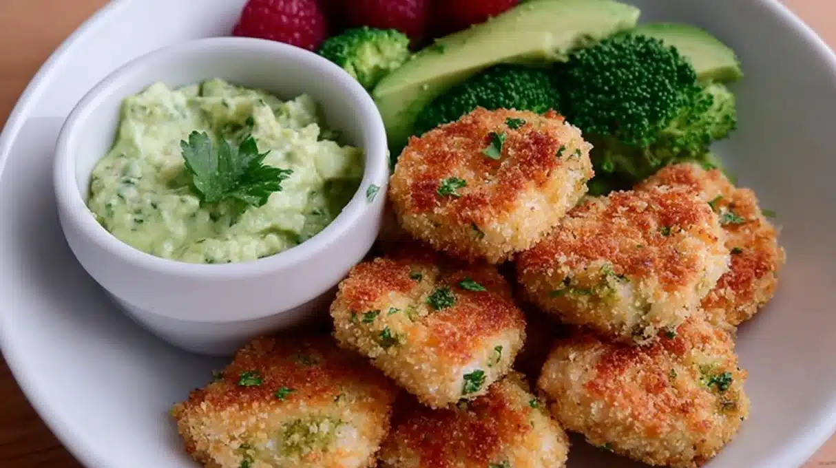 Homemade chicken and broccoli nuggets baked until golden and crispy, healthy protein-packed nuggets served with dipping sauce.