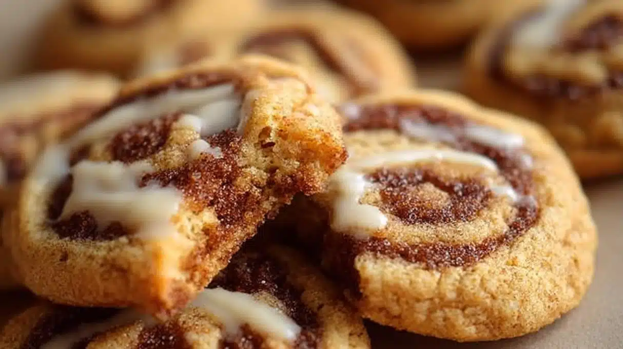 Cinnamon Roll Cookies 4 Cinnamon roll cookies with visible swirls and a light glaze on top